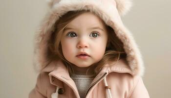süß kaukasisch Kind, Porträt, klein Baby, Winter, heiter, lächelnd, Unschuld generiert durch ai foto