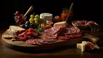 ein rustikal Holz Tablett hält ein Gourmet Fleisch und Käse Buffet generiert durch ai foto