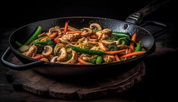 gesund Mahlzeit rühren gebraten Gemüse mit Fleisch, Pilze, und Gewürze generiert durch ai foto