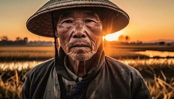 ein Farmer im traditionell Kleidung, lächelnd beim das Sonnenuntergang generiert durch ai foto