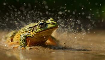 ein süß Kröte Sitzung im das nass Grün Wald generiert durch ai foto