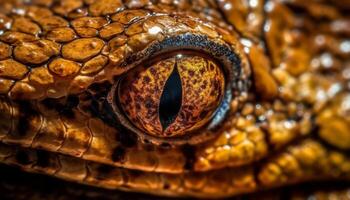 schließen oben von ein Reptil Auge, präsentieren es ist beschwingt Gelb Waage generiert durch ai foto