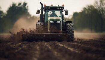 Bauern Arbeiten draußen, vorbereiten Land zum Ernte mit landwirtschaftlich Maschinen generiert durch ai foto