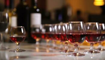 Luxus Bar Gießen rot Wein, Eleganz und Feier im schließen oben generiert durch ai foto