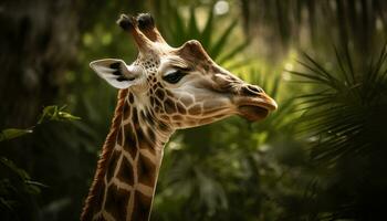 Giraffe im Natur, schließen hoch, suchen beim Kamera, Stehen im Gras generiert durch ai foto
