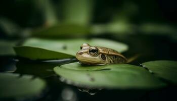 ein süß Kröte Sitzung auf ein Blatt im ein nass Teich generiert durch ai foto