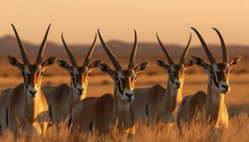 Tier Tierwelt im Afrika ein klein Gruppe Weiden lassen beim Dämmerung generiert durch ai foto