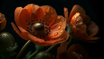 ein beschwingt Blume blühen spiegelt im ein dunkel Teich Wasser generiert durch ai foto