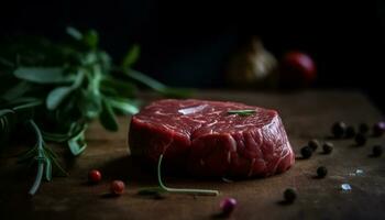 Frische von Filet, Kochen auf Holz, Gourmet Mahlzeit, gegrillt Lendenstück Steak generiert durch ai foto