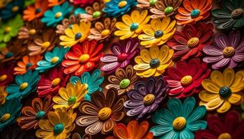 abstrakt Natur Illustration mit multi farbig Blumen, süß Gänseblümchen, und Grün Blätter generiert durch ai foto