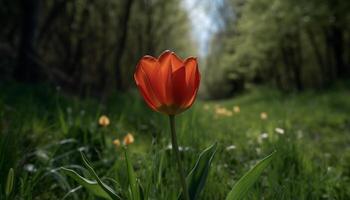 ein beschwingt Wiese von Tulpen Blüten im das Frühling generiert durch ai foto