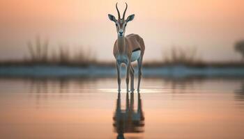 Silhouette von Impala Stehen im still Sonnenuntergang Betrachtung generiert durch ai foto