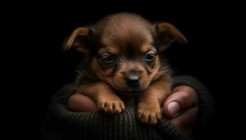 süß klein Welpe, reinrassig Hund, suchen beim Kamera, Sitzung drinnen generiert durch ai foto