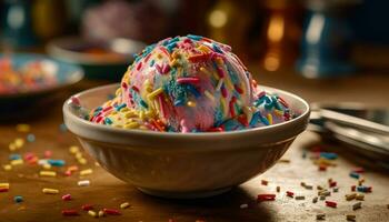 ein beschwingt, multi farbig Eis Sahne Eisbecher auf ein hölzern Teller generiert durch ai foto