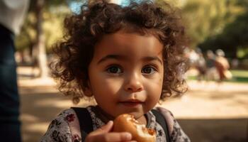 ein Niedlich, lächelnd Kind genießen Natur, Essen und suchen beim Kamera generiert durch ai foto