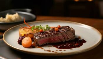 gegrillt Steak Filet, gekocht selten, serviert mit frisch Salat generiert durch ai foto