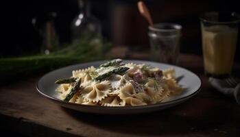 frisch hausgemacht Pasta, gekocht mit Gemüse, serviert auf rustikal hölzern Tabelle generiert durch ai foto