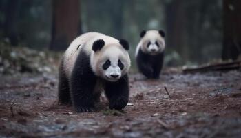 süß Riese Panda Jungtier Sitzung im das Wald, Essen Bambus generiert durch ai foto