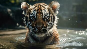 ein majestätisch Bengalen Tiger starrt, es ist gestreift Pelz glitzernd im Wasser generiert durch ai foto