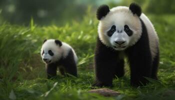 süß Riese Panda Jungtier Essen Bambus im das wild draußen generiert durch ai foto