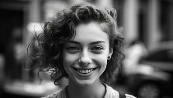 lächelnd jung Frau draußen, suchen beim Kamera mit Vertrauen generiert durch ai foto