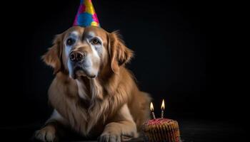 süß Hündchen feiert Geburtstag mit Kerze, Kuchen, und Geschenke generiert durch ai foto