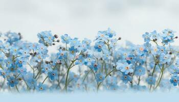 Natur Schönheit im ein Wiese Blau Blumen, Grün Gras, Gelb Gänseblümchen generiert durch ai foto