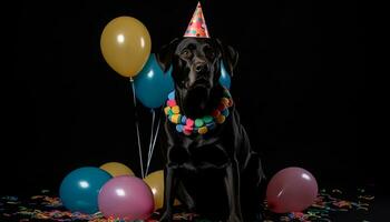 süß Hündchen mit Ballon feiert Geburtstag beim Spaß Party generiert durch ai foto