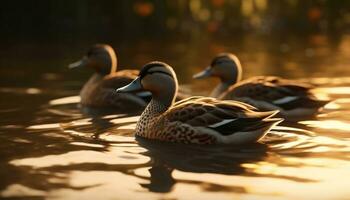 Stockente Ente schwimmt im still Teich, umgeben durch schön Natur generiert durch ai foto