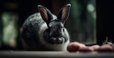 süß Baby Hase mit flauschige Pelz Sitzung im Natur Umarmung generiert durch ai foto