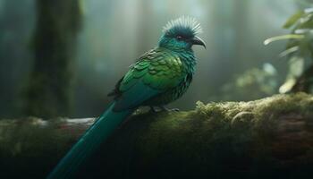 majestätisch Vogel sich niederlassen auf Zweig, es ist irisierend Gefieder leuchtenden generiert durch ai foto