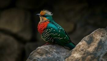 ein bunt Vogel sich niederlassen auf ein Ast im das Wald generiert durch ai foto