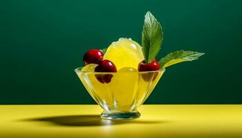 Frische von Sommer- Gelb Zitrone, Grün Blatt, reif Zitrusfrüchte Obst generiert durch ai foto