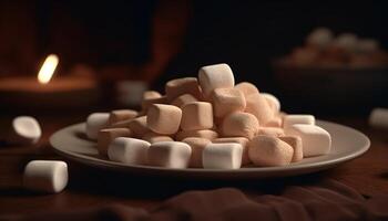 Stapel von flauschige Marshmallows auf ein dunkel hölzern Tabelle generiert durch ai foto