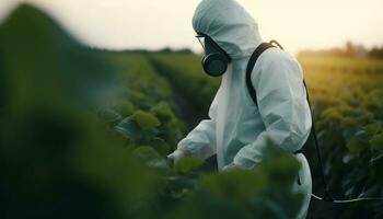 einer Mann Arbeiten draußen, schützen Natur mit landwirtschaftlich Arbeitskleidung generiert durch ai foto