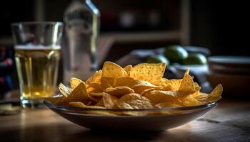 frisch Guacamole und knusprig Tortilla Chips auf ein hölzern Tabelle generiert durch ai foto