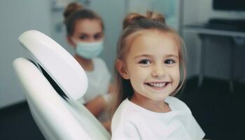 lächelnd Kind besucht Zahnarzt zum Dental Gesundheit und Dental Ausrüstung generiert durch ai foto