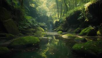 still Szene von fließend Wasser im ein üppig Grün Wald generiert durch ai foto