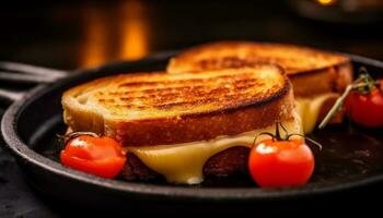 Frische und Hitze erstellen ein gesund, Gourmet, hausgemacht gegrillt Sandwich generiert durch ai foto