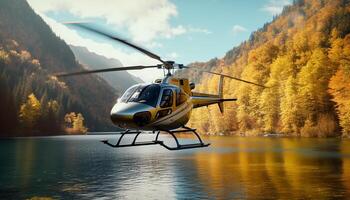 Hubschrauber fliegend Über Berg Bereich, reflektieren beschwingt Farben im Teich generiert durch ai foto