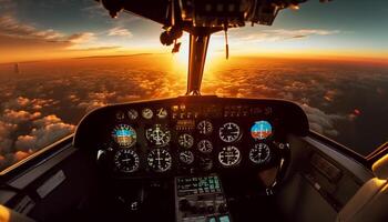 fliegend Flugzeug Über Sonnenuntergang Himmel, Instrumententafel Tachometer zeigt an hoch Geschwindigkeit generiert durch ai foto