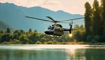 Hubschrauber fliegend Mitte Luft, Propeller Spinnen, Transportieren Passagiere Über Berg Angebot generiert durch ai foto