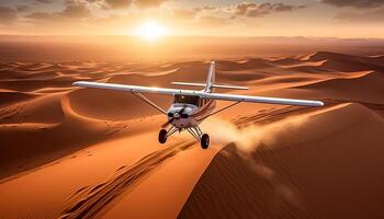 fliegend Flugzeug Flügel im Sonnenuntergang Himmel, Propeller dreht sich im Mitte Luft generiert durch ai foto