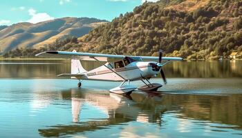 Flugzeug fliegend Über Blau Berg Bereich, reflektieren im still Wasser generiert durch ai foto