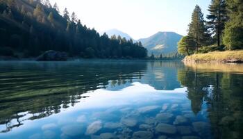 still Szene majestätisch Berg Gipfel spiegelt im still Teich generiert durch ai foto