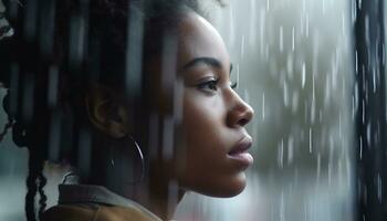 jung afrikanisch Frau suchen aus von ein Regen eingeweicht Fenster traurig generiert durch ai foto