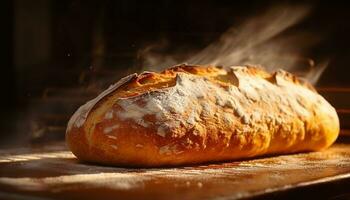 frisch gebacken hausgemacht Brot auf ein rustikal hölzern Schneiden Tafel generiert durch ai foto