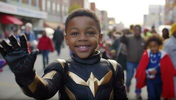 lächelnd afrikanisch Kind Stehen draußen, heiter und zuversichtlich im Kostüm generiert durch ai foto