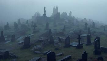 gespenstisch Grabstein im dunkel, mysteriös Friedhof, Symbol von Tod und Religion generiert durch ai foto