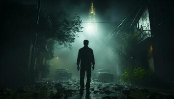 Silhouette von Geschäftsmann Gehen durch dunkel, gespenstisch Wald beim Nacht generiert durch ai foto